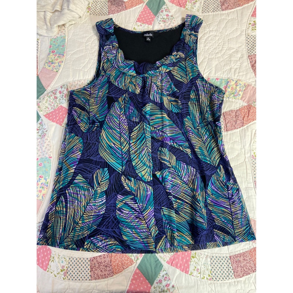Rafaella Womens Tropical Leaf Print Mesh Cowl Neck Sleeveless Blouse Top Teal M